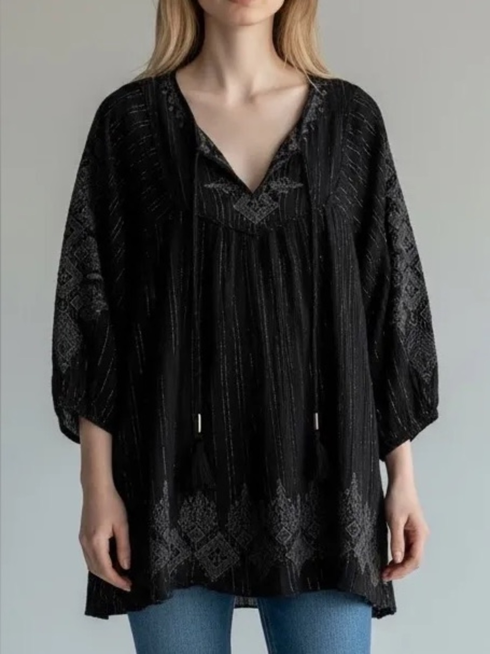 Johnny Was Jade Devaki Black Peasant Blouse Size Small